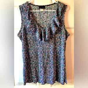 Brittany Black Turquoise Purple Floral Sequin Micro Pleat Ruffle Neck Blouse XL